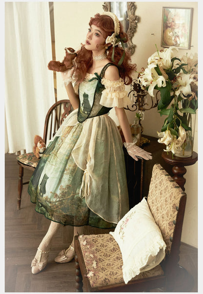 Cyan - Morning of Pine Forest - Elegant Lolita Bear Print Skirt
