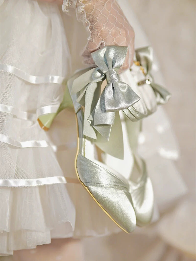 MR.Qiutian - Coronation - Elegant Lolita Shoes Satin Heels With Rose Buckle & Bow Clip