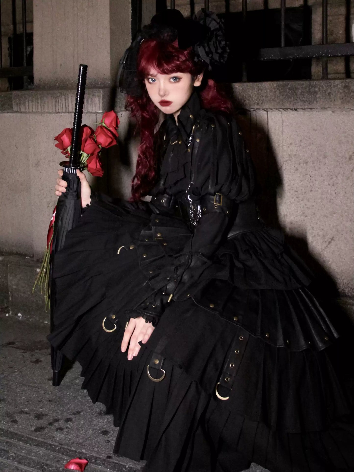 FOXTROT - Black Mist Beloved - Corset Gothic Lolita SK, Shirt, Faux Leather Cage Overlay