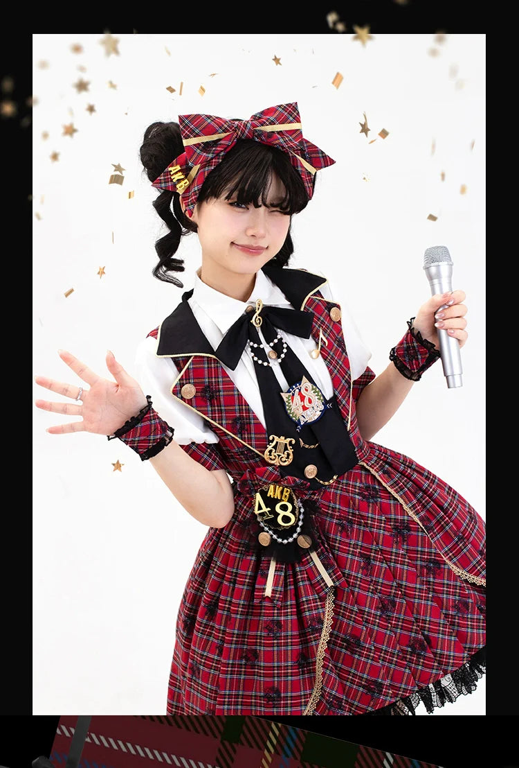 Forest Fluorescent Carps - IP Collab Sweet Lolita Performance Outfit Red Plaid JSK Full Set