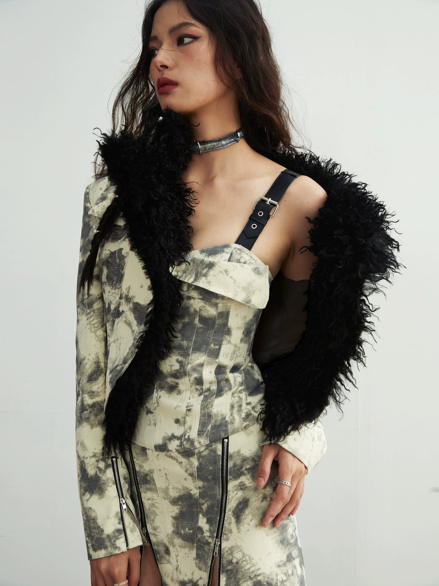 Fur Collar Tie-dye Printed Short Coat