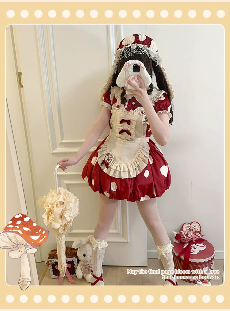 Sakurahime - Mushroom - Kawaii Lolita OP Dress with Apron and Detachable Sleeves