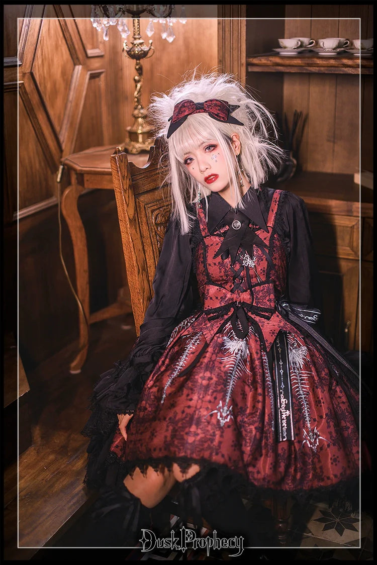 DuskProphecy - Coccyx - Elegant Lolita Dress High Waist Fishbone Print JSK Set