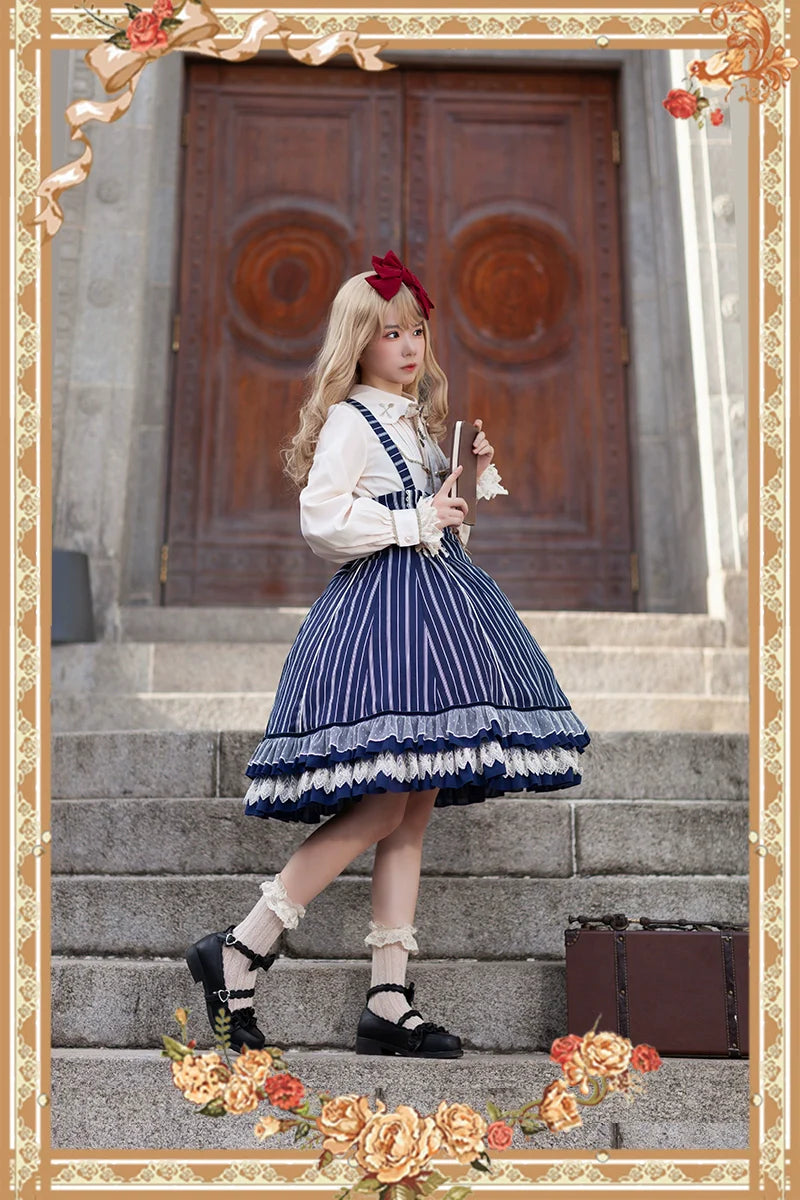 Infanta - Elegant Lolita Stripe High-waist Jumper Dress Set and Cape
