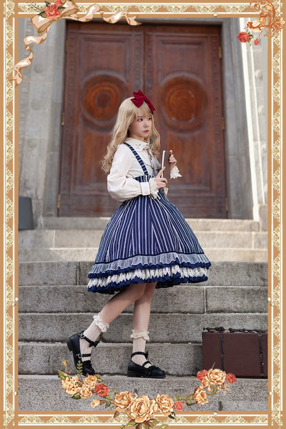 Infanta - Elegant Lolita Stripe High-waist Jumper Dress Set and Cape