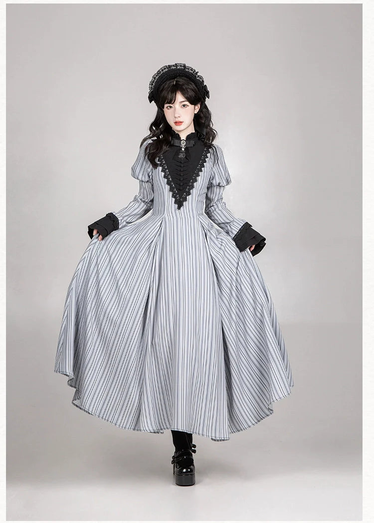With PUJI - Nocturne SP - Striped Gothic Lolita OP Twin Lolita Dress with Apron