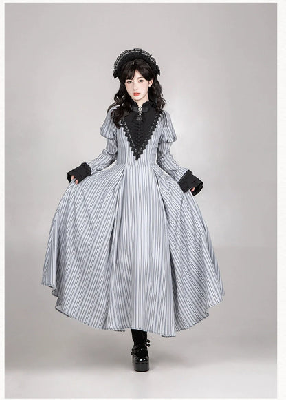 With PUJI - Nocturne SP - Striped Gothic Lolita OP Twin Lolita Dress with Apron