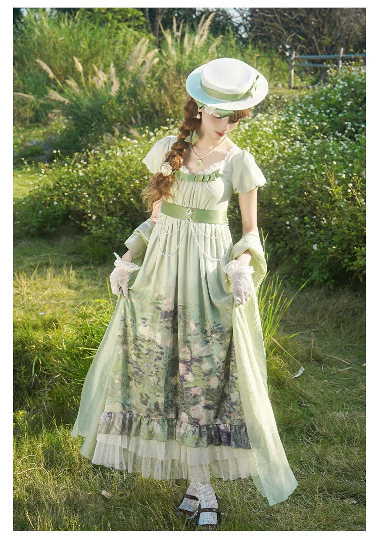 With PUJI - Blooming Rose - Chiffon Classic Lolita Dress Set Painting Styled OP & JSK