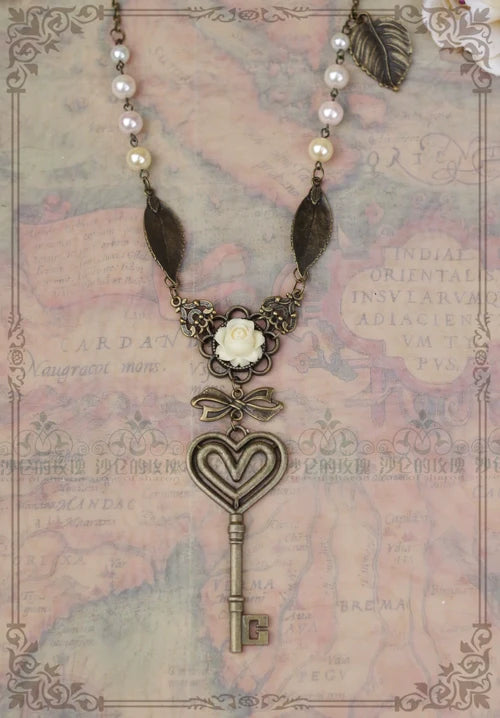 Rose of Sharon - Garden Key - Retro Lolita Necklace Long Pearl Sweater Chain