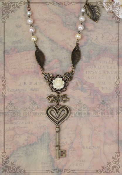 Rose of Sharon - Garden Key - Retro Lolita Necklace Long Pearl Sweater Chain