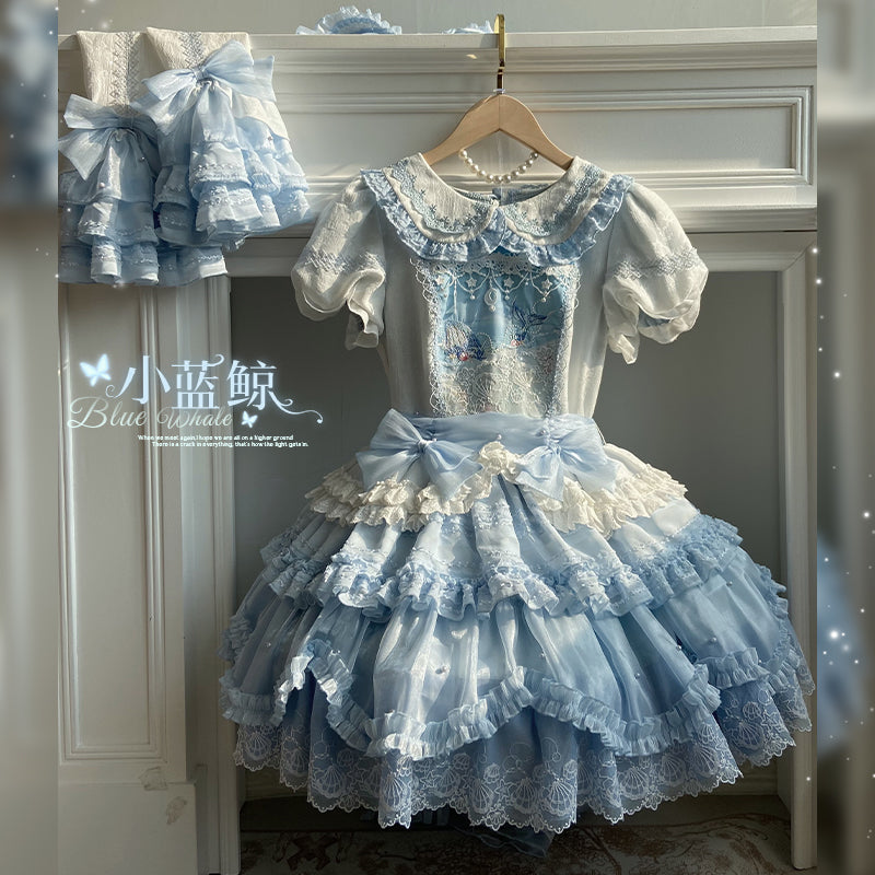 Honey Machine - Blue Whale - Sweet Lolita OP Suit Tiered Ruffle Dress with Shell Lace