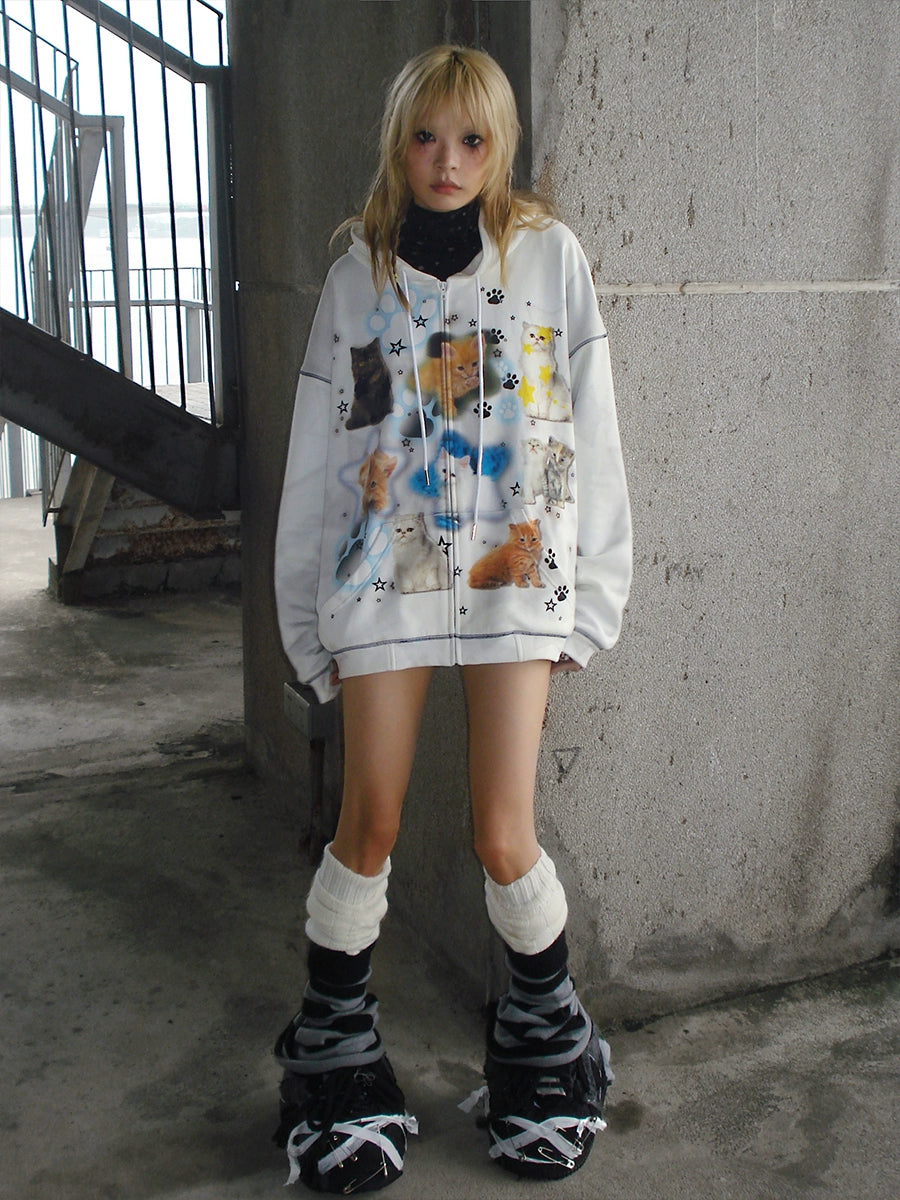 Cat Print ZIP-Up Hooded Sweat【s0000004223】