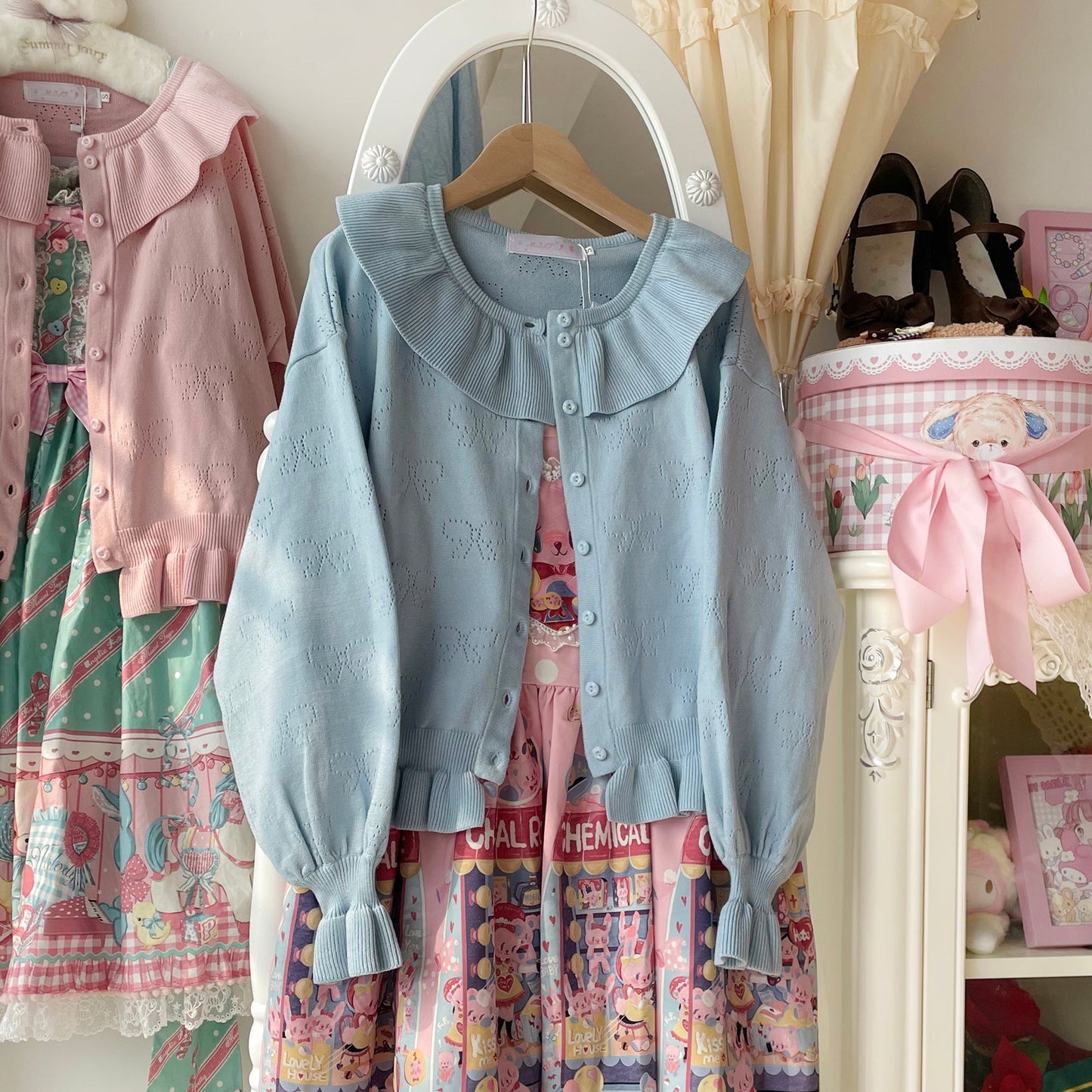 MIST - Vintage Lolita Bow Hollowed-out Sweater Ruffled Cardigan