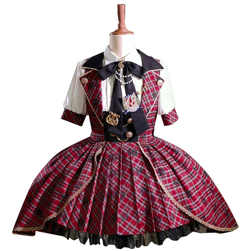 Forest Fluorescent Carps - IP Collab Sweet Lolita Performance Outfit Red Plaid JSK Full Set