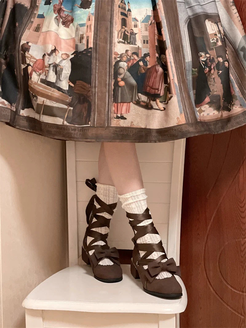 MR.Qiutian - Muse Kiss - Elegant Lolita Shoes Lace-up Bow Heels Round Toe