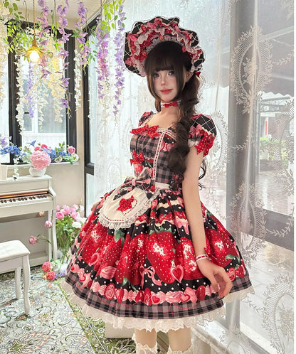 Mengfuzi - Strawberry - Sweet Lolita OP and JSK with Strawberry Print