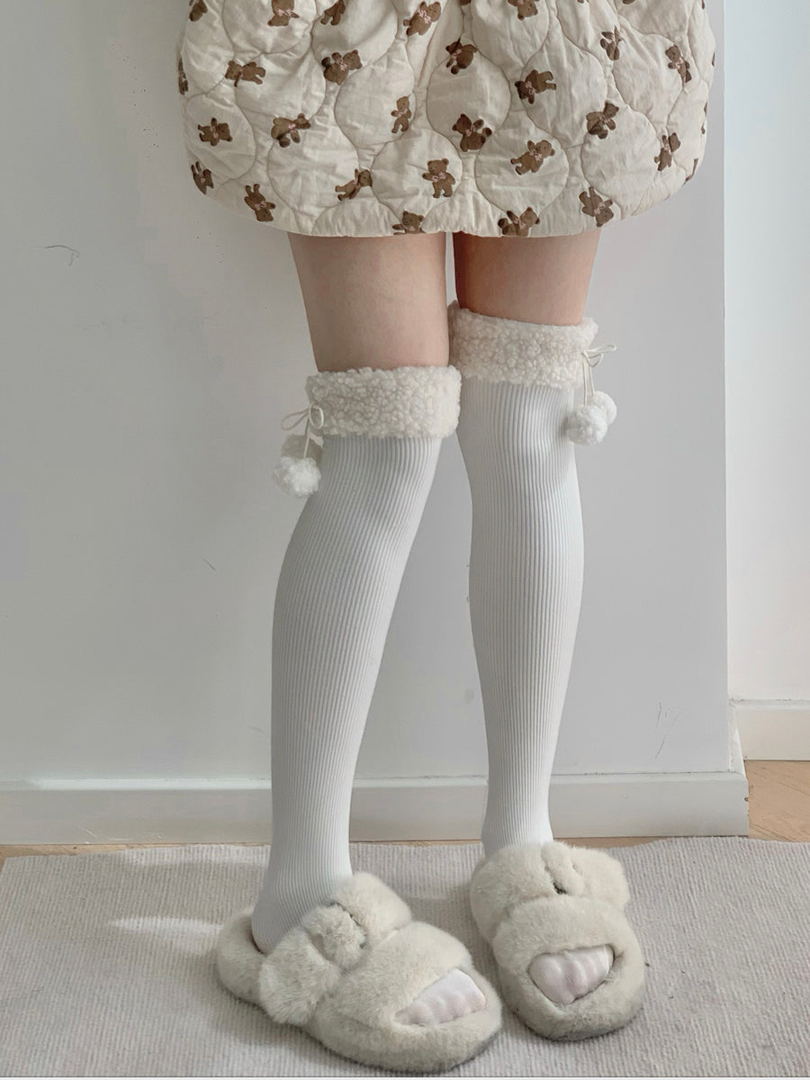 Roji Roji - Winter Fuzzy Ball Lolita Socks Over Knee Thick Socks