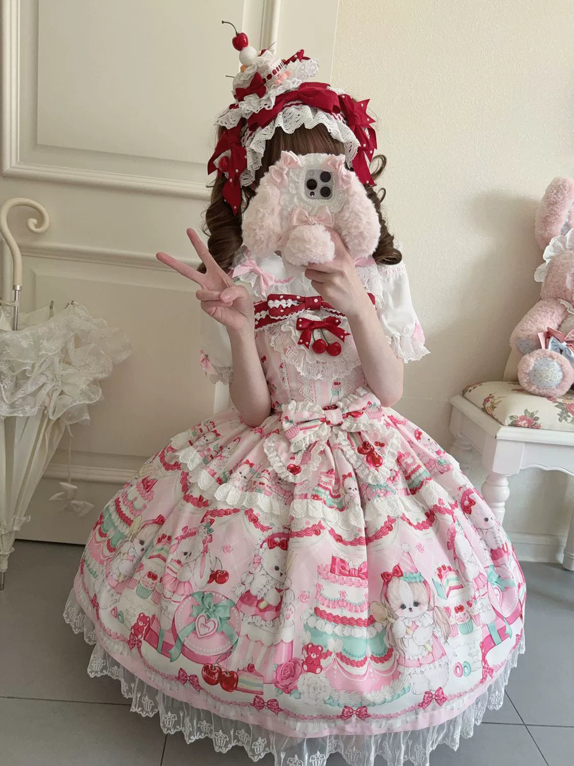 Hanguliang - Cherry Bake Song - Kawaii Lolita JSK Dress With Dessert Print & Cherry Bow