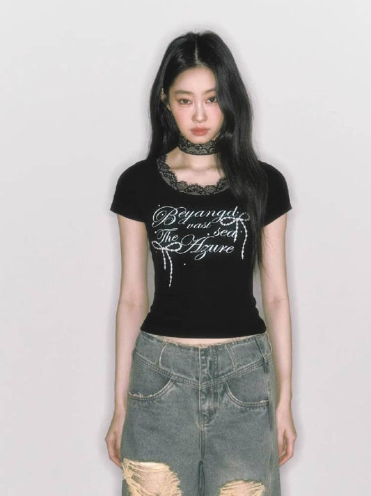 Lace one-shoulder short-sleeve T-shirt【s0000009235】