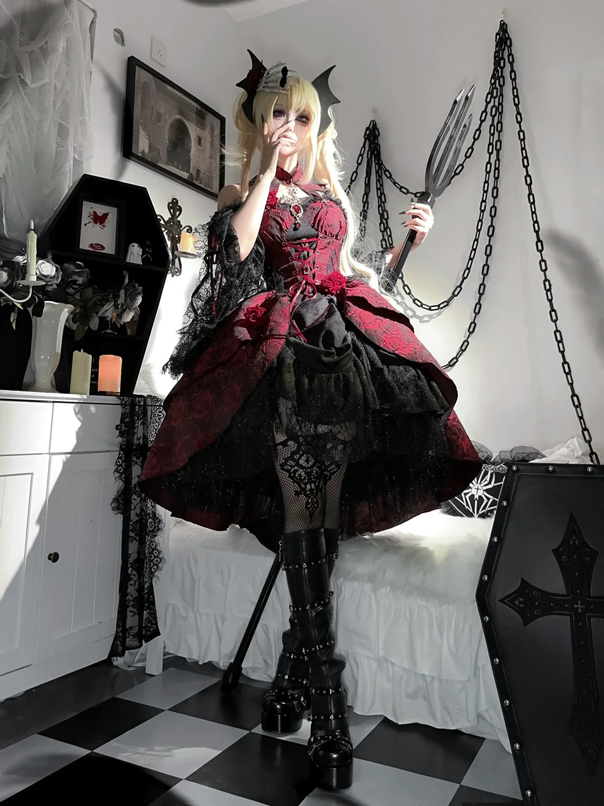 Cornfield Lolita - Rose Blood - Black Red Gothic Lolita JSK Jacquard Court Dress