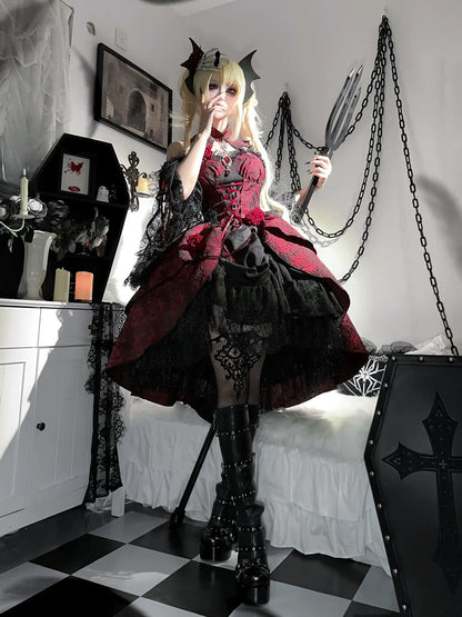 Cornfield Lolita - Rose Blood - Black Red Gothic Lolita JSK Jacquard Court Dress