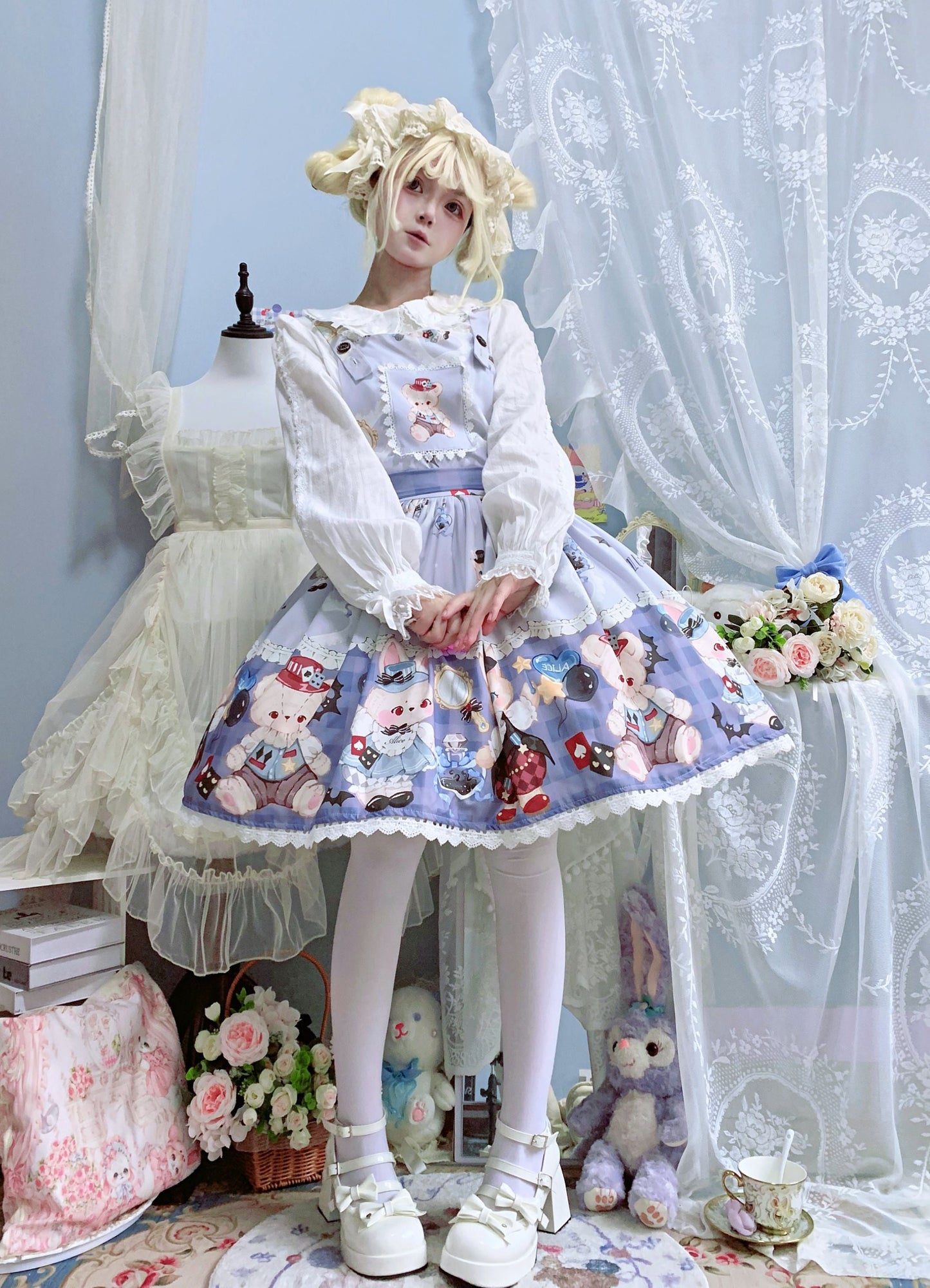 Night Never Sleeps - Bunny Meow Bear - Kawaii Lolita Salopette Bear Print Dress