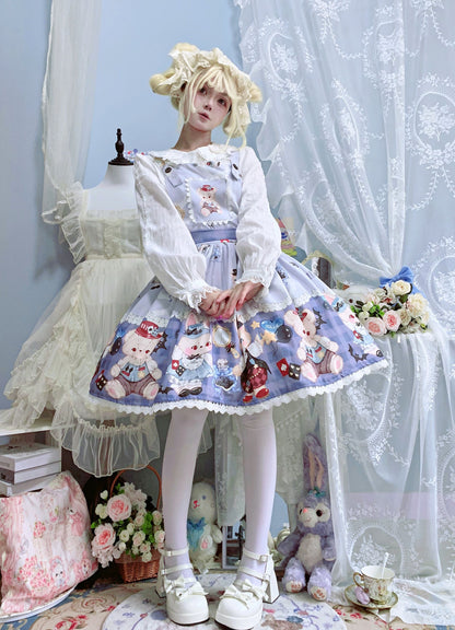 Night Never Sleeps - Bunny Meow Bear - Kawaii Lolita Salopette Bear Print Dress