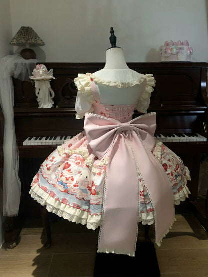 Sweet Dreamland - Bunny Party - Printed Sweet Lolita JSK, Bow Trailing