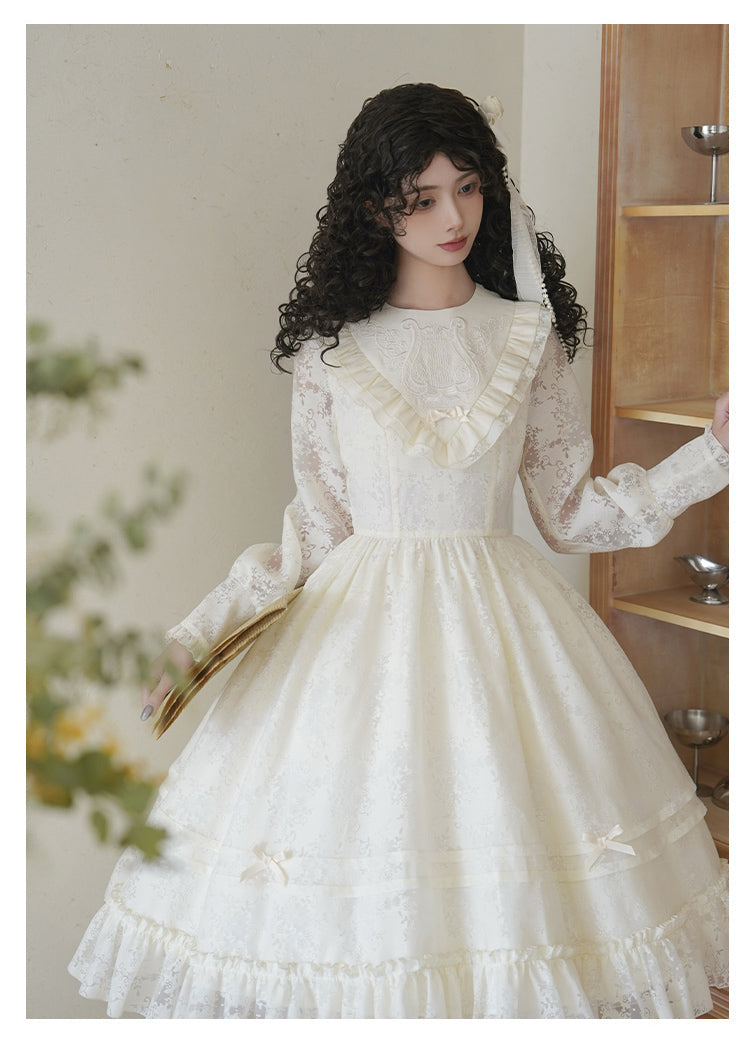 With PUJI - Floral Melody - Ivory Classic Lolita Long Sleeve OP Dress with Layered Bolero
