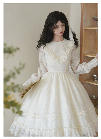 With PUJI - Floral Melody - Ivory Classic Lolita Long Sleeve OP Dress with Layered Bolero