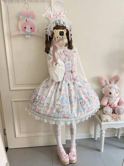 Hanguliang - Sweet Tea Party - Kawaii Lolita JSK Puppy Printed Dress with Sash
