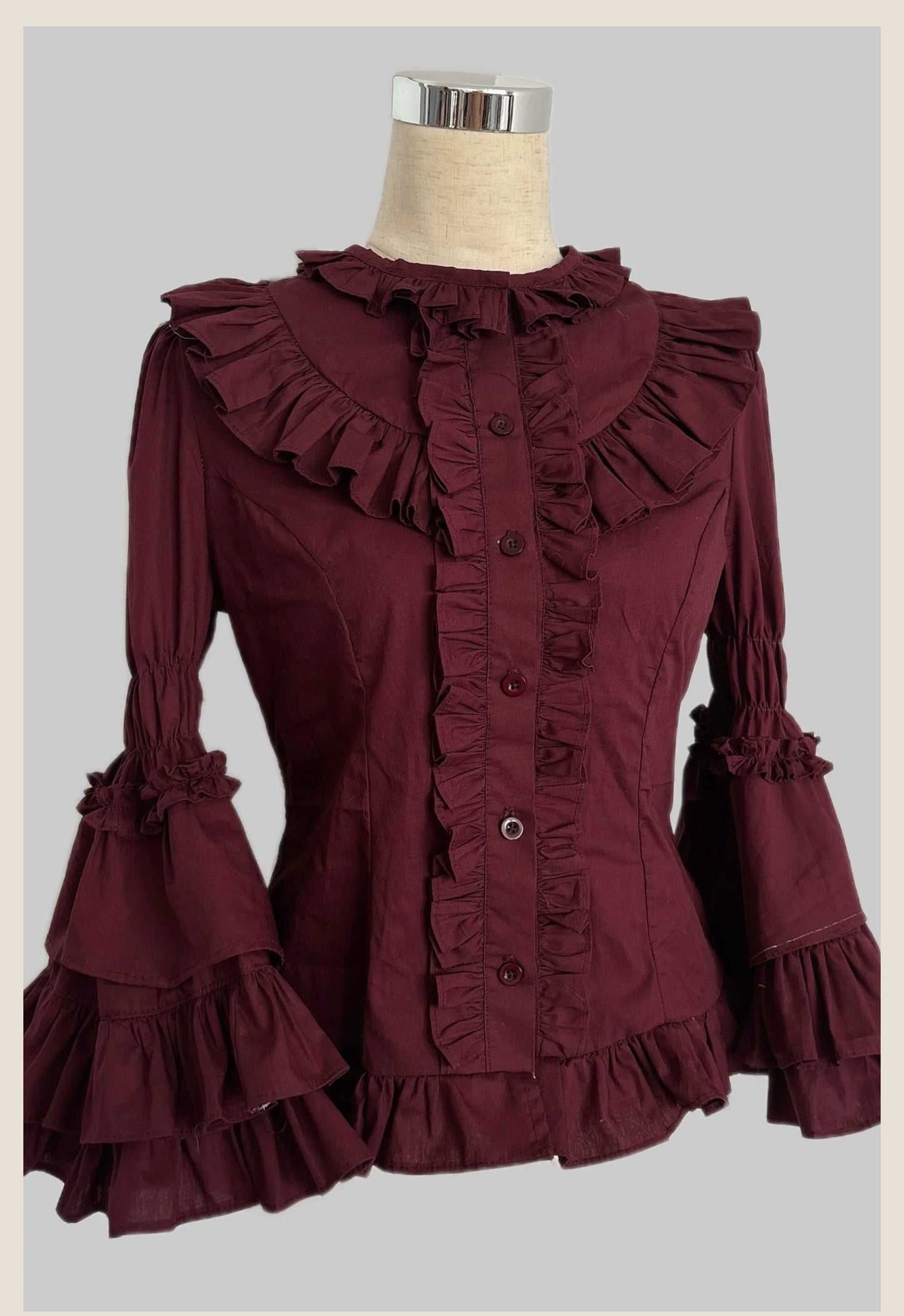 TaTaTa Lolita - Burgundy Rose - Old School Lolita Hime Sleeve Blouse, Ruffle Detail