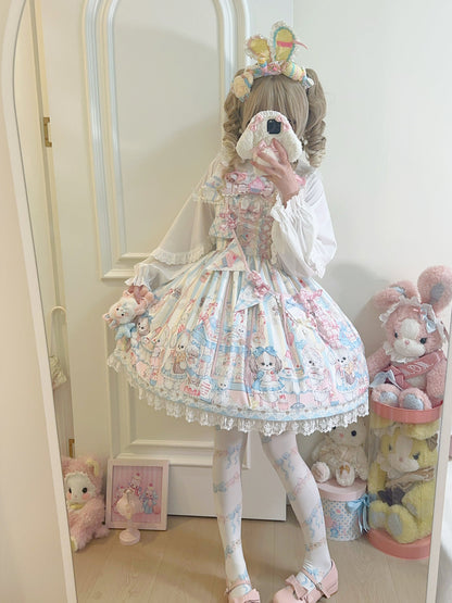 Hanguliang - Sweet Tea Party - Kawaii Lolita JSK Puppy Printed Dress with Sash