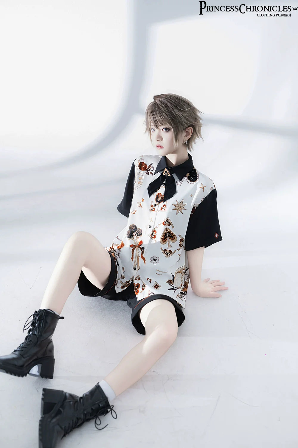 Princess Chronicles - Floral Intoxication - Retro Ouji Lolita Shirt Floral Short Sleeve Shirt and Embroidered Black Shorts