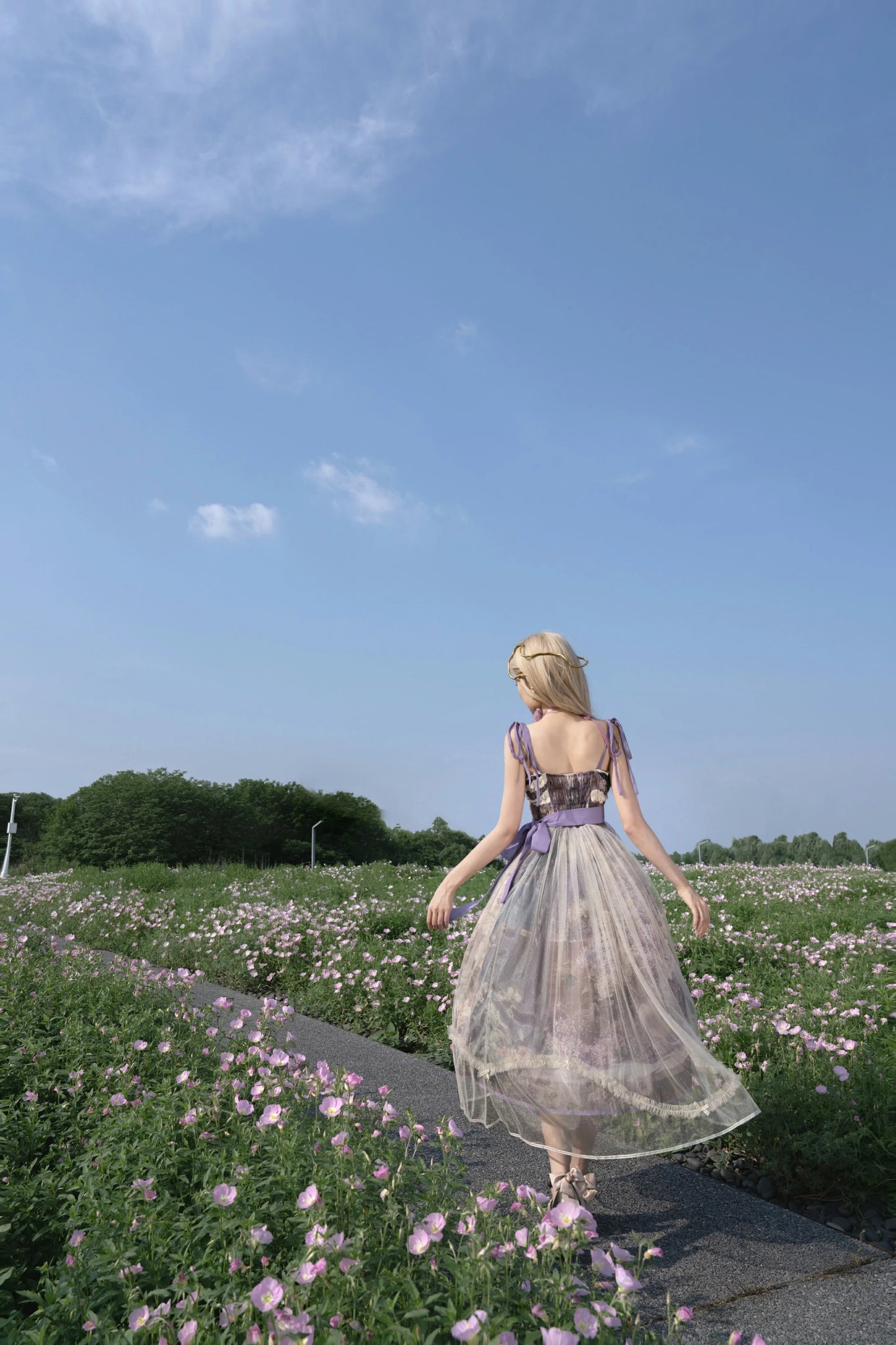 Cyan Lolita - Blooming Tree Shade - Sweet Lolita Strap JSK Bow Oil Painting Print Dress