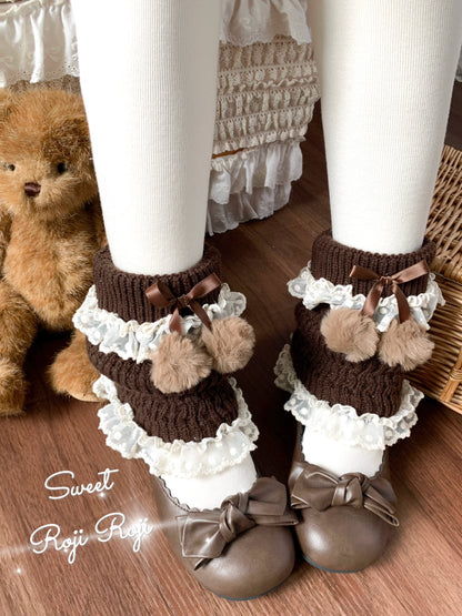 Roji Roji - Kawaii Lolita Wool Leg Warmers, Pom-Pom Accented Bow