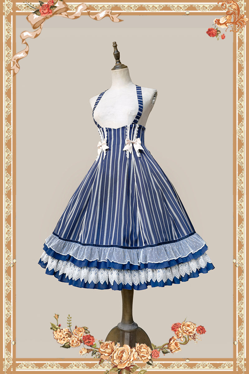 Infanta - Elegant Lolita Stripe High-waist Jumper Dress Set and Cape