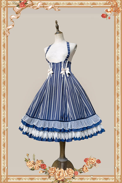 Infanta - Elegant Lolita Stripe High-waist Jumper Dress Set and Cape