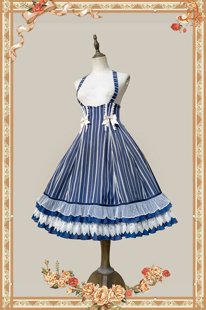 Infanta - Elegant Lolita Stripe High-waist Jumper Dress Set and Cape