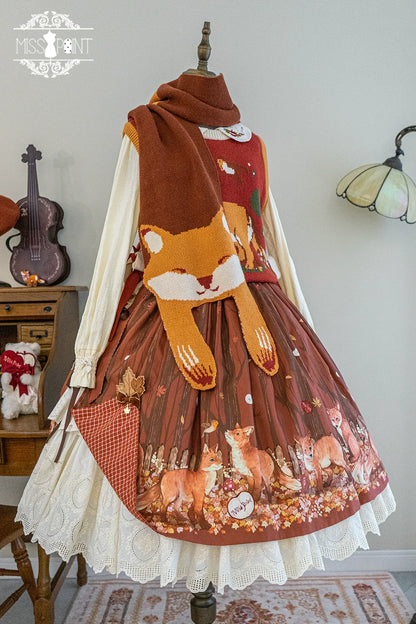 Miss Point - Chubby Fox in the Forest - Kawaii Lolita Accessories Knitted Fox Scarf Embroidered Faux Collar