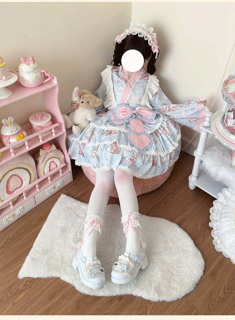 Niu Niu - Showa Moe Bear - Plus Size Wa Lolita Dress Set Kawaii Lolita SK Suit