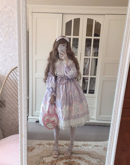 Doujiang - Kawaii Lolita OP Rabbit Print Pink Purple Lace Princess Dress