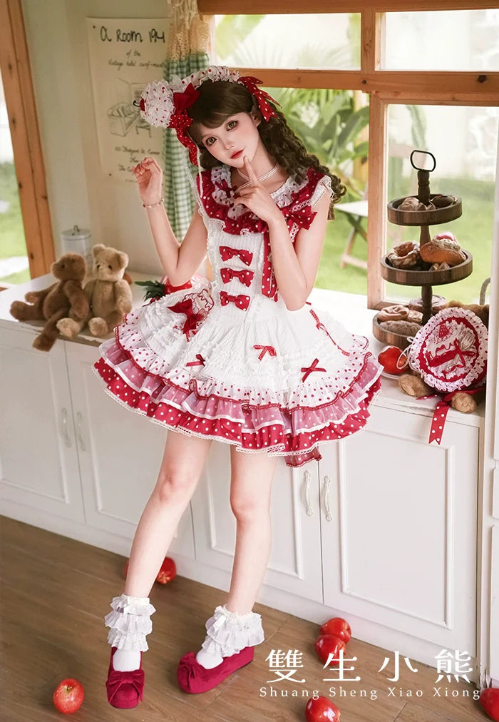 Shuang Sheng Xiao Xiong - Bite The Cake - Sweet Lolita Dress, Red & White Polka Dots