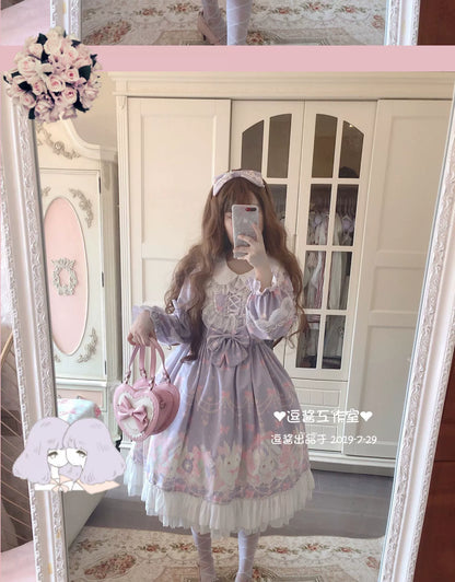 Doujiang - Kawaii Lolita OP Rabbit Print Pink Purple Lace Princess Dress