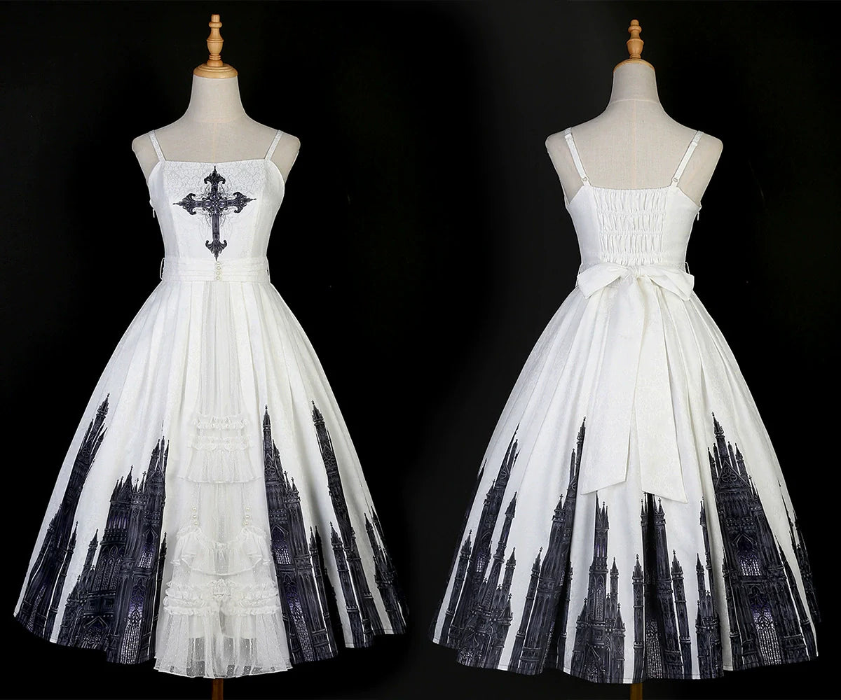 Cornfield Lolita - Silent Church - Gothic Lolita JSK Front Open Printed Dress and Thin Cardigan Set