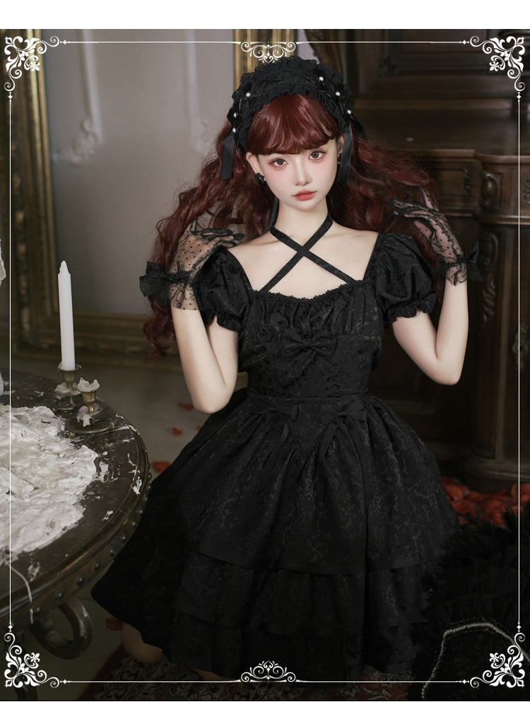 Eieyomi - Thorn Rose - Gothic Lolita Three-layer Ruffle Black OP