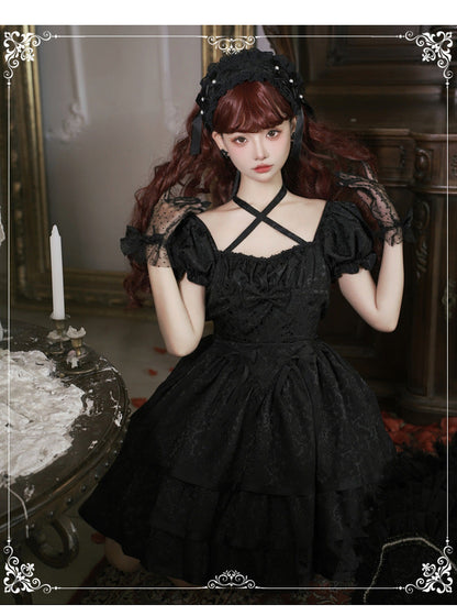 Eieyomi - Thorn Rose - Gothic Lolita Three-layer Ruffle Black OP
