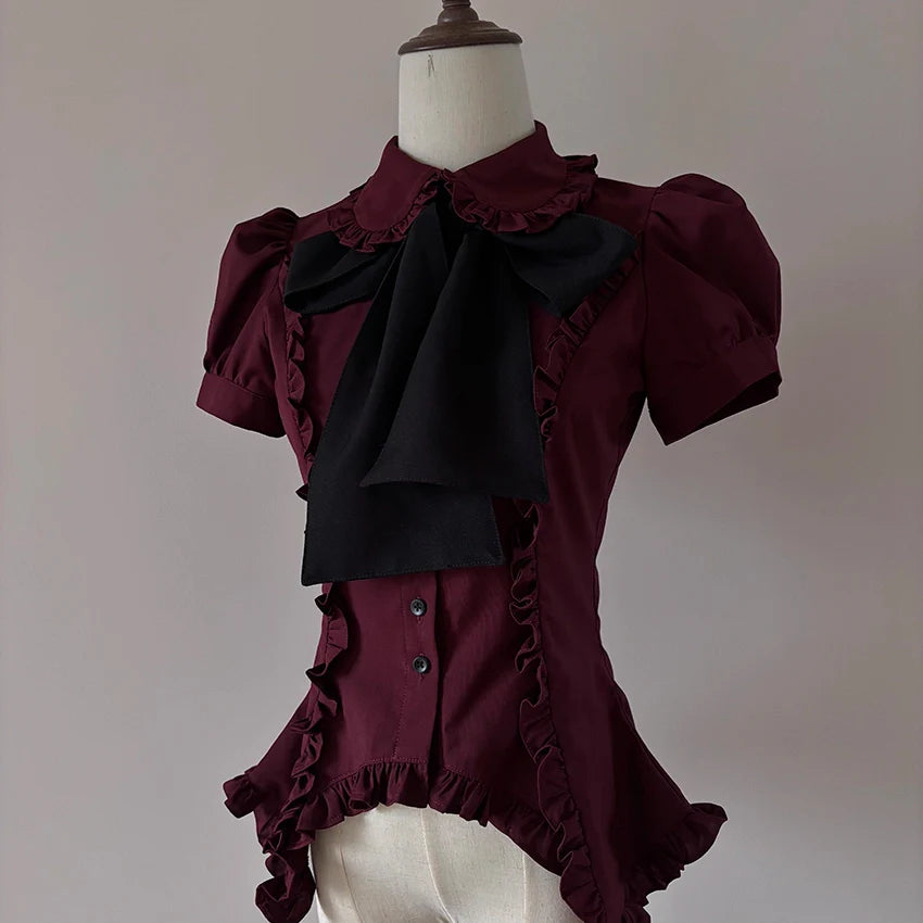 FlowerFairyDaily - Lilith - Gothic Lolita Short Sleeve Shirt, Detachable Tie