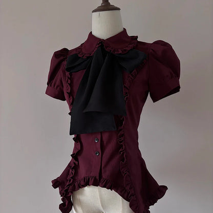 FlowerFairyDaily - Lilith - Gothic Lolita Short Sleeve Shirt, Detachable Tie