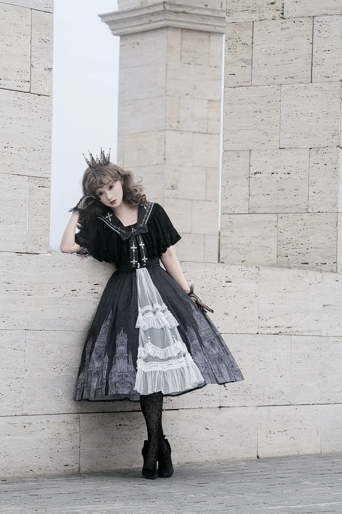 Cornfield Lolita - Silent Church - Gothic Lolita JSK Front Open Printed Dress and Thin Cardigan Set